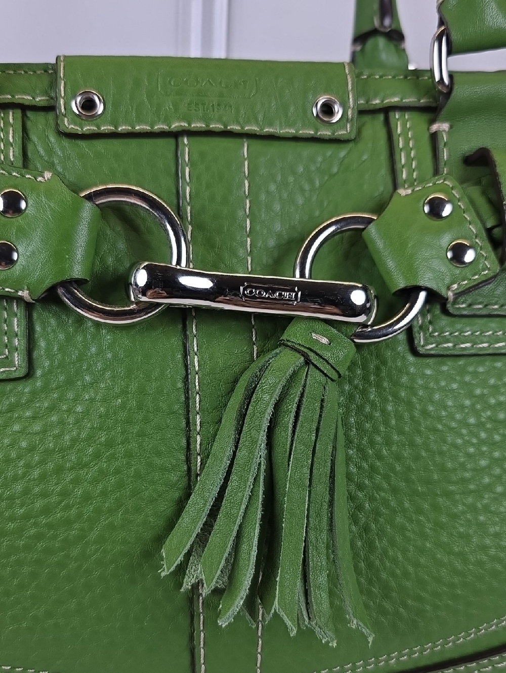 Coach Hampton Green Pebbled Leather Tote Shoulder Satchel Bag - Picture 6 of 14